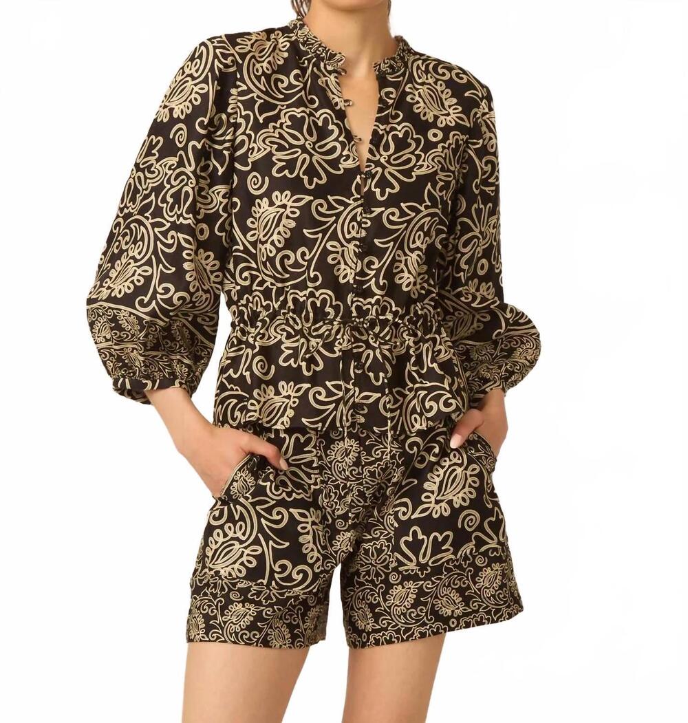 NEW GILNER FARRAR iman blouse top in black/ casablanca print